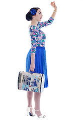 Image showing pinup retro  woman with travel bag isolated