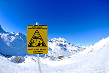 Image showing Sign board at High mountains under snow in the winter