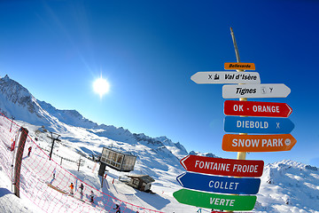 Image showing Sign board at High mountains under snow in the winter