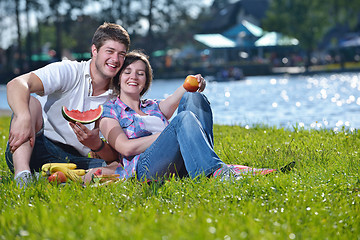 Image showing happy young couple having a picnic outdoor