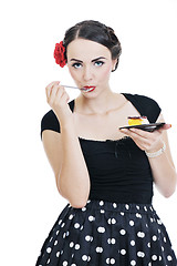 Image showing beautiful young woman eat sweet cake