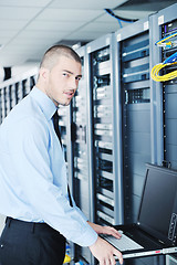 Image showing young it engeneer in datacenter server room