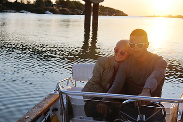 Image showing couple in love  have romantic time on boat