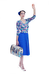 Image showing pinup retro  woman with travel bag isolated