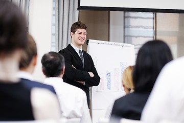 Image showing Young  business man giving a presentation on conference