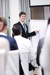 Image showing Young  business man giving a presentation on conference