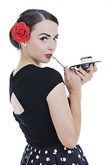 Image showing pinup retro  woman with travel bag isolated