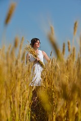 Image showing young woman in wheat field at summer