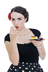 Image showing beautiful young woman eat sweet cake