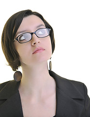 Image showing businesswoman looking up for ideas and solution