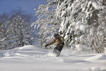 Image showing freestyle snowboarder jump and ride