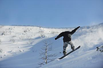 Image showing freestyle snowboarder jump and ride