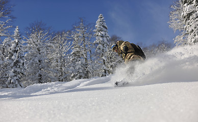 Image showing freestyle snowboarder jump and ride