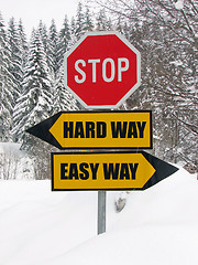 Image showing hard and easy way road sign in nature