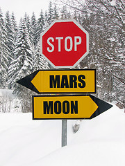 Image showing in  middle of the starway, mars and moon roadsign