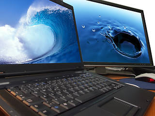 Image showing water concept on laptop and big widescreen tft display