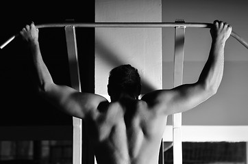 Image showing young man with strong arms working out in gym