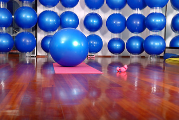 Image showing fitness studio with blue pilates balls