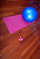 Image showing fitness studio with blue pilates balls