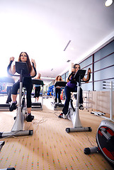 Image showing Women working out on spinning bikes at the gym 