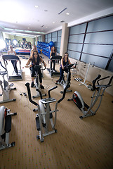 Image showing Women working out on spinning bikes at the gym 