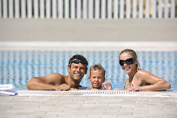 Image showing happy young family have fun on swimming pool