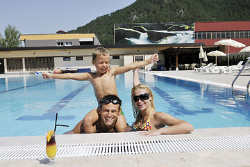 Image showing happy young family have fun on swimming pool