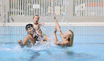 Image showing happy young family have fun on swimming pool