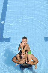 Image showing happy father and son at swimming pool