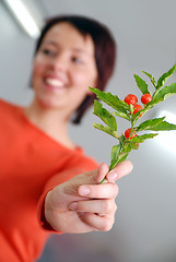 Image showing Beautiful  girl holding young plant