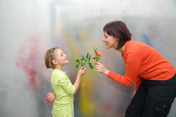 Image showing Girl giving mother flowers