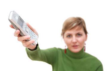 Image showing Young girl holding out phone 