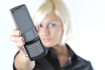 Image showing portrait of young blonde business woman holding new modern cellp