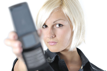 Image showing portrait of young blonde business woman holding new modern cellp