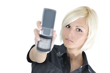 Image showing portrait of young blonde business woman holding new modern cellp