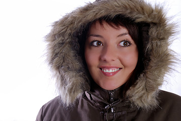 Image showing Cute young woman smiling in winter jacket