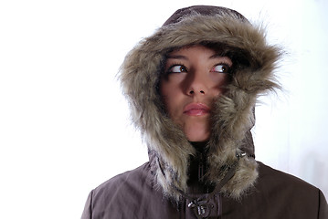 Image showing Cute young woman smiling in winter jacket