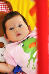 Image showing indoor portrait with happy young famil and  cute little babby 