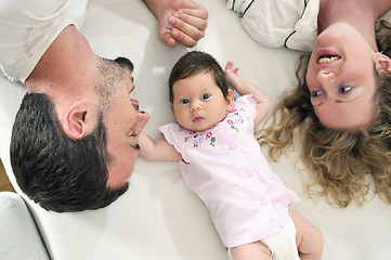 Image showing indoor portrait with happy young family and  cute little babby 