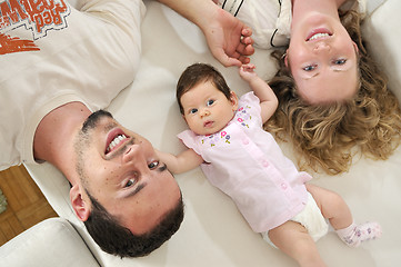 Image showing indoor portrait with happy young family and  cute little babby 