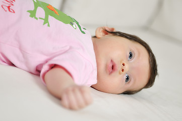 Image showing indoor portrait with happy young famil and  cute little babby 