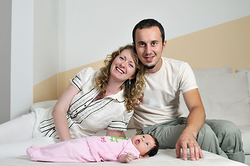 Image showing indoor portrait with happy young famil and  cute little babby 