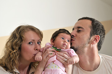 Image showing indoor portrait with happy young family and  cute little babby 