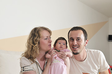 Image showing indoor portrait with happy young family and  cute little babby 