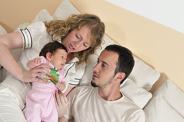 Image showing indoor portrait with happy young family and  cute little babby 