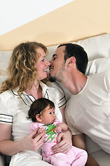 Image showing indoor portrait with happy young family and  cute little babby 