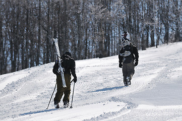 Image showing skier hike on mountain peak at winter