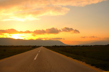 Image showing countryroad adventure with beautiful sunset