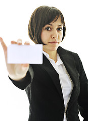 Image showing young business  woman displaying empty business card