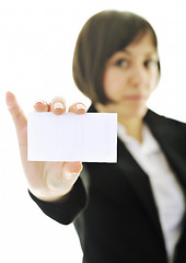 Image showing young business  woman displaying empty business card